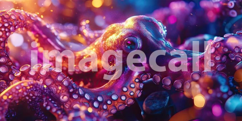 Chromatic Cephalopod: A mesmerizing octopus, bathed in a kaleidoscope of colors, mesmerizes with its iridescent skin and intelligent gaze.