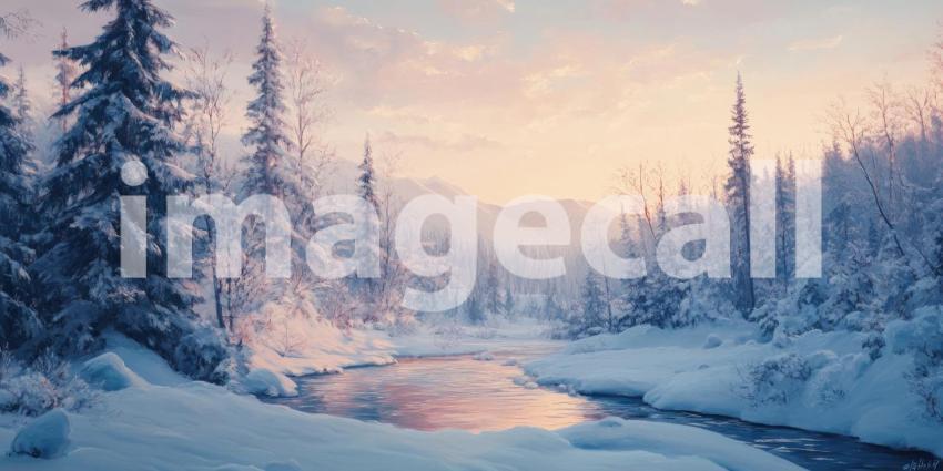 Winter's Embrace: A serene winter landscape unfolds, where snow-covered trees line a tranquil river, reflecting the soft hues of a pastel sky.