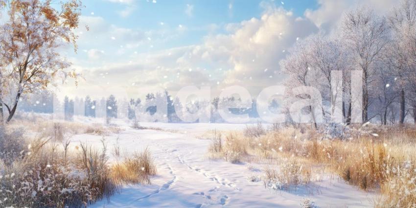 Winter's Embrace: A serene winter landscape unfolds, where snow-covered trees line a tranquil river, reflecting the soft hues of a pastel sky.