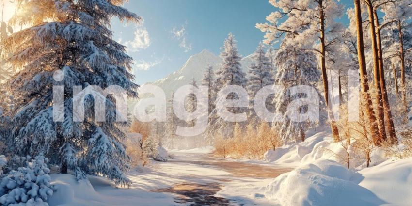 Winter's Embrace: A serene winter landscape unfolds, where snow-covered trees line a tranquil river, reflecting the soft hues of a pastel sky.