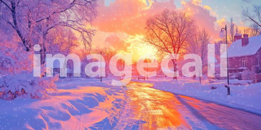 Winter's Embrace: A serene winter landscape unfolds, where snow-covered trees line a tranquil river, reflecting the soft hues of a pastel sky.