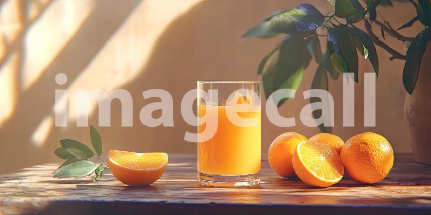 Sunshine in a Glass: A tall glass of freshly squeezed orange juice, brimming with vitamin C and sunshine, beckons from a rustic wooden table.
