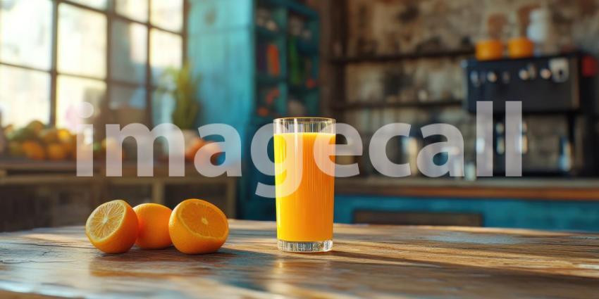 Sunshine in a Glass: A tall glass of freshly squeezed orange juice, brimming with vitamin C and sunshine, beckons from a rustic wooden table.