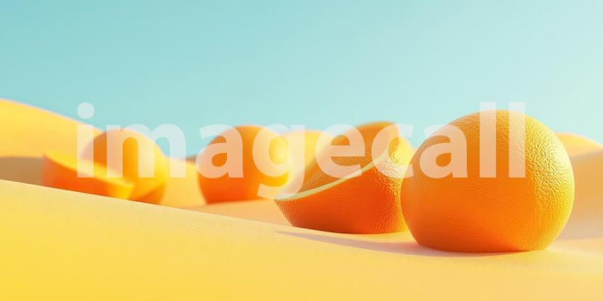 A vibrant scene of juicy oranges bathed in warm sunlight, reflecting on a shimmering surface, creating a sense of summery bliss.