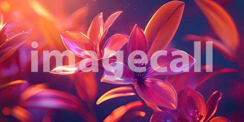 Ethereal Bloom: A pair of luminous flowers, bathed in a warm glow, shimmer with an otherworldly radiance, their petals catching the light like precious jewels.