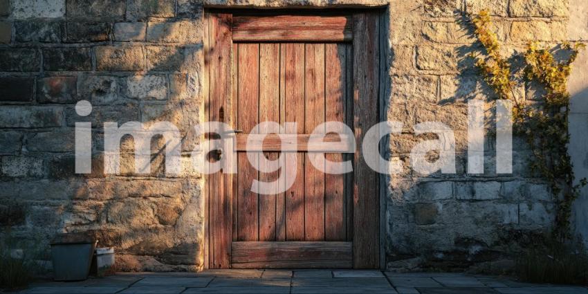 A Rustic Welcome: A weathered wooden door, framed by a stone wall, invites you into a cozy haven, promising warmth and tranquility within.