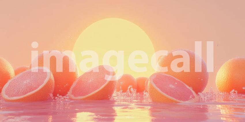 A vibrant scene of juicy oranges bathed in warm sunlight, reflecting on a shimmering surface, creating a sense of summery bliss.