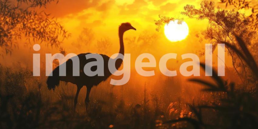 A solitary Greater Rhea stands tall against a fiery sunset, surveying the vast plains of the South American savanna.