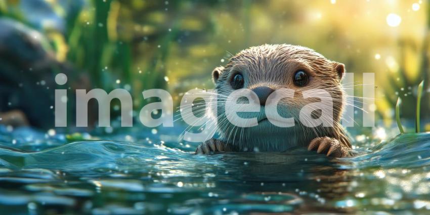 Curious Encounter: A curious otter pops its head above the water, eyes gleaming with intelligence, as a majestic mountain range forms a breathtaking backdrop.