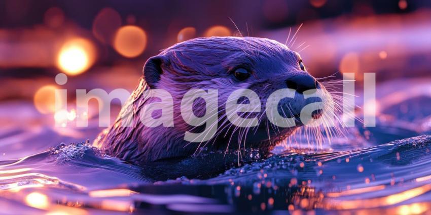Curious Encounter: A curious otter pops its head above the water, eyes gleaming with intelligence, as a majestic mountain range forms a breathtaking backdrop.