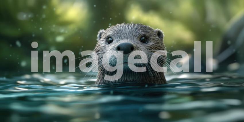 Curious Encounter: A curious otter pops its head above the water, eyes gleaming with intelligence, as a majestic mountain range forms a breathtaking backdrop.
