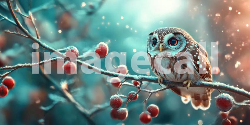 Winter's Watch: A curious owl, perched on a snow-laden branch, surveys the twinkling lights of a festive scene, its large eyes gleaming in the twilight.