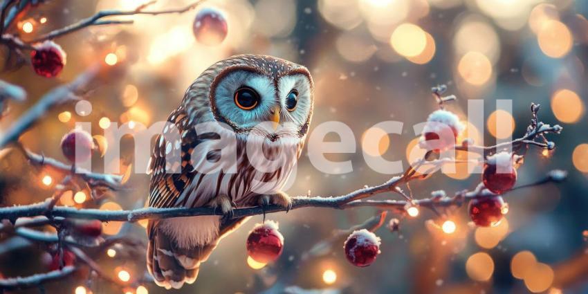 Winter's Watch: A curious owl, perched on a snow-laden branch, surveys the twinkling lights of a festive scene, its large eyes gleaming in the twilight.