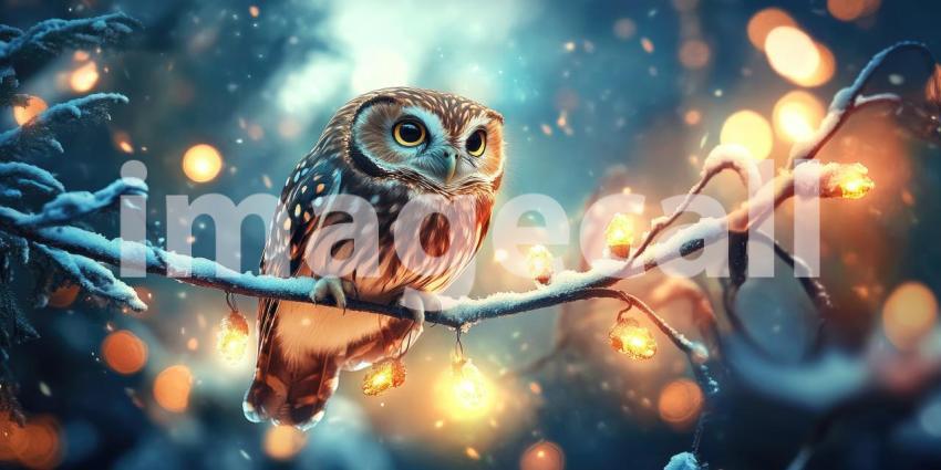 Winter's Watch: A curious owl, perched on a snow-laden branch, surveys the twinkling lights of a festive scene, its large eyes gleaming in the twilight.