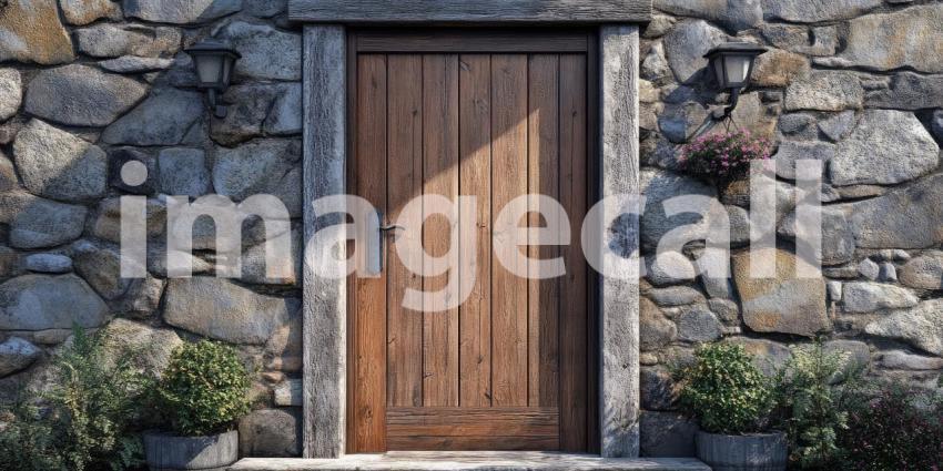 A Rustic Welcome: A weathered wooden door, framed by a stone wall, invites you into a cozy haven, promising warmth and tranquility within.