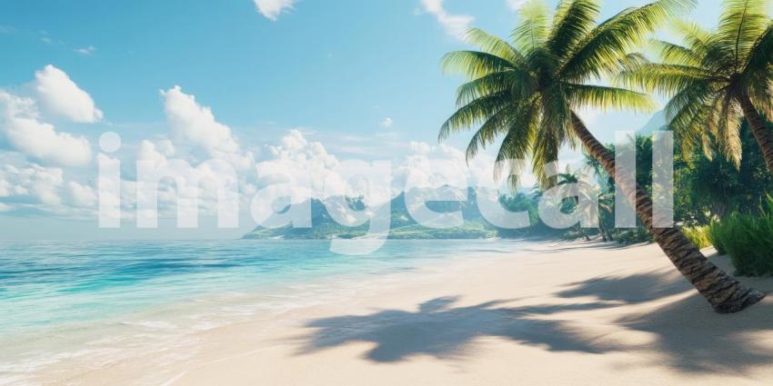 Paradise Found: A pristine beach, fringed with swaying palm trees, beckons beneath a sky of azure blue, promising a perfect escape to tranquility.