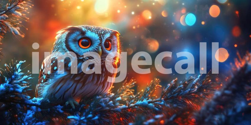Winter's Watch: A curious owl, perched on a snow-laden branch, surveys the twinkling lights of a festive scene, its large eyes gleaming in the twilight.