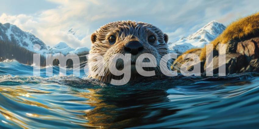 Curious Encounter: A curious otter pops its head above the water, eyes gleaming with intelligence, as a majestic mountain range forms a breathtaking backdrop.