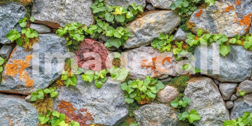 Stone and Vine: A tapestry of weathered stones, interwoven with vibrant greenery, creating a harmonious blend of natural textures and colors.