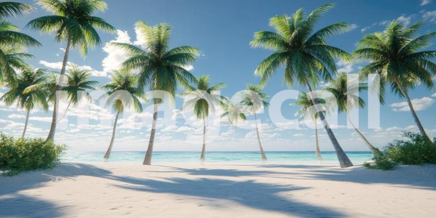 Paradise Found: A pristine beach, fringed with swaying palm trees, beckons beneath a sky of azure blue, promising a perfect escape to tranquility.
