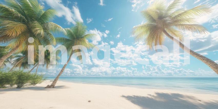 Paradise Found: A pristine beach, fringed with swaying palm trees, beckons beneath a sky of azure blue, promising a perfect escape to tranquility.
