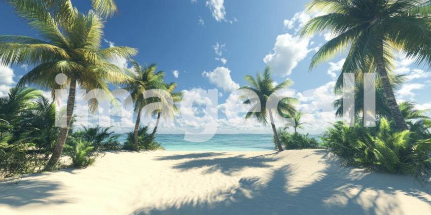 Paradise Found: A pristine beach, fringed with swaying palm trees, beckons beneath a sky of azure blue, promising a perfect escape to tranquility.