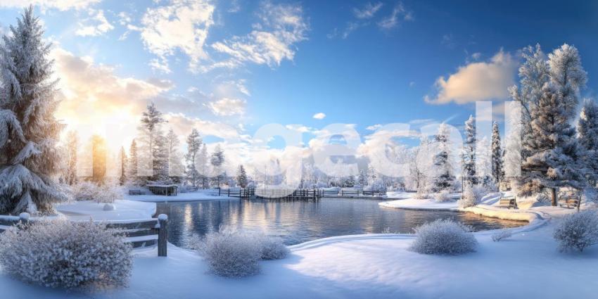 Winter's Embrace: A serene park, blanketed in snow, invites quiet contemplation beside a tranquil lake, where the air is crisp and the world feels hushed.