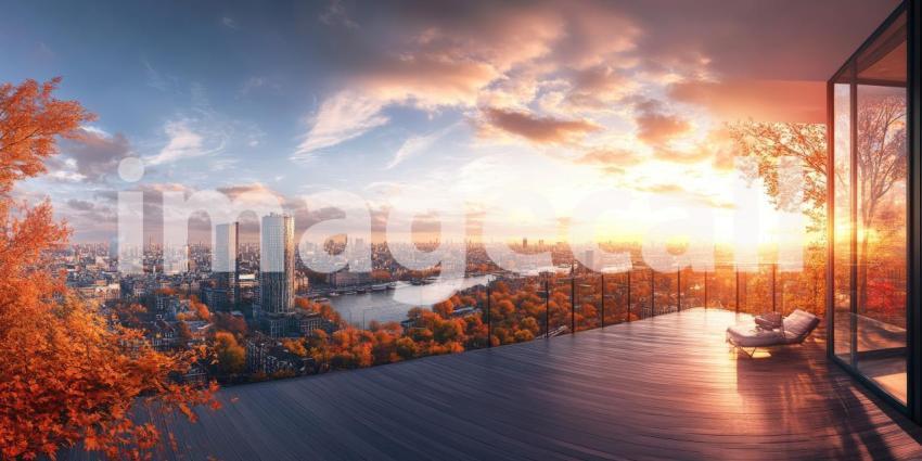 Autumnal Reverie: A path winds through a park bathed in golden sunlight, where fallen leaves create a carpet of color underfoot, and the city skyline peeks through the vibrant foliage.