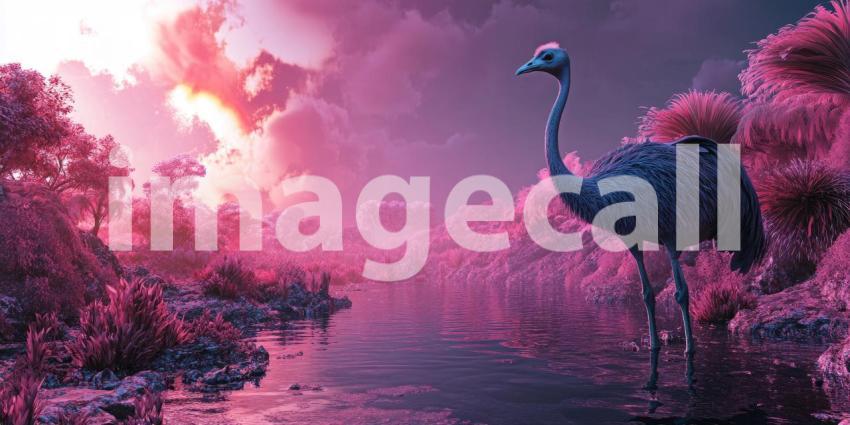 A solitary Greater Rhea stands tall against a fiery sunset, surveying the vast plains of the South American savanna.