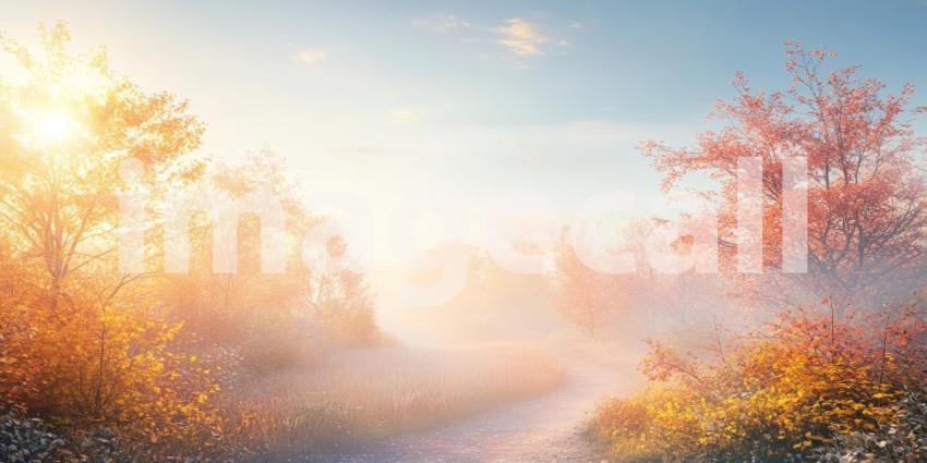 Misty Morning Magic: A sunbeam pierces the fog, illuminating a mystical forest where autumn leaves paint the landscape in shades of gold and amber.