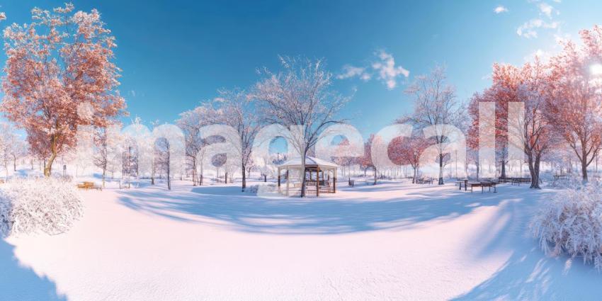 Winter's Embrace: A serene park, blanketed in snow, invites quiet contemplation beside a tranquil lake, where the air is crisp and the world feels hushed.