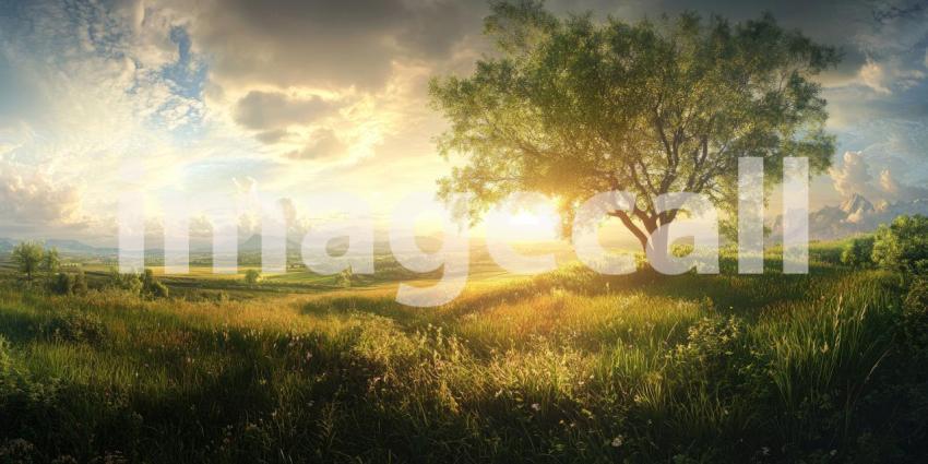 Golden Hour Serenity: A majestic oak tree stands sentinel in a sun-drenched meadow, casting long shadows as the sun dips below the horizon, painting the sky with vibrant hues.