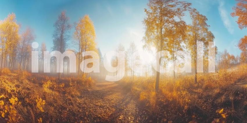 Misty Morning Magic: A sunbeam pierces the fog, illuminating a mystical forest where autumn leaves paint the landscape in shades of gold and amber.
