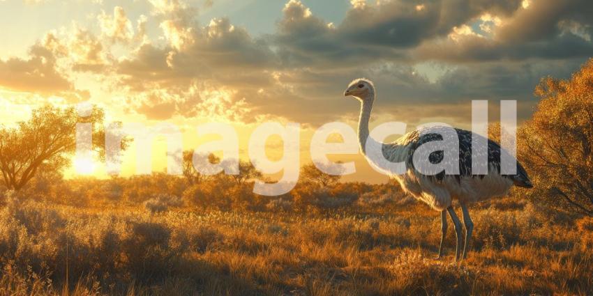 A solitary Greater Rhea stands tall against a fiery sunset, surveying the vast plains of the South American savanna.