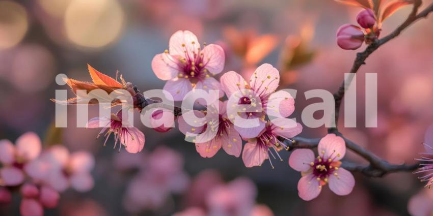 A Prelude to Spring: Delicate pink blossoms burst forth, heralding the arrival of warmer days, as the sun casts a warm glow on the budding branches.