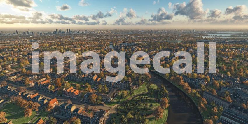 Autumnal Reverie: A path winds through a park bathed in golden sunlight, where fallen leaves create a carpet of color underfoot, and the city skyline peeks through the vibrant foliage.