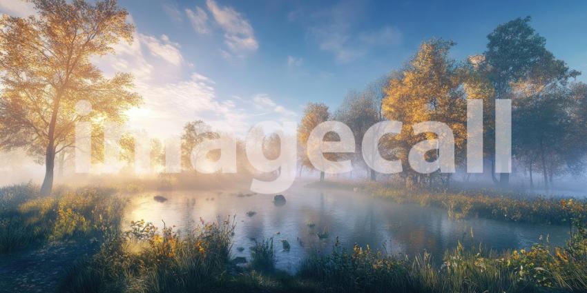Misty Morning Magic: A sunbeam pierces the fog, illuminating a mystical forest where autumn leaves paint the landscape in shades of gold and amber.