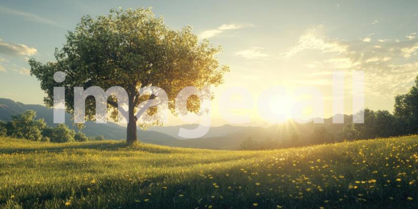 Golden Hour Serenity: A majestic oak tree stands sentinel in a sun-drenched meadow, casting long shadows as the sun dips below the horizon, painting the sky with vibrant hues.