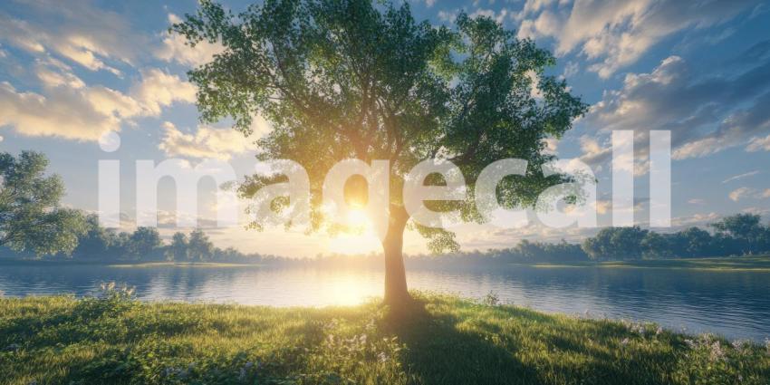 Golden Hour Serenity: A majestic oak tree stands sentinel in a sun-drenched meadow, casting long shadows as the sun dips below the horizon, painting the sky with vibrant hues.