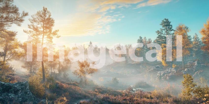 Misty Morning Magic: A sunbeam pierces the fog, illuminating a mystical forest where autumn leaves paint the landscape in shades of gold and amber.