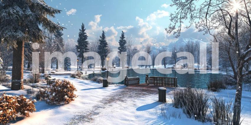 Winter's Embrace: A serene park, blanketed in snow, invites quiet contemplation beside a tranquil lake, where the air is crisp and the world feels hushed.