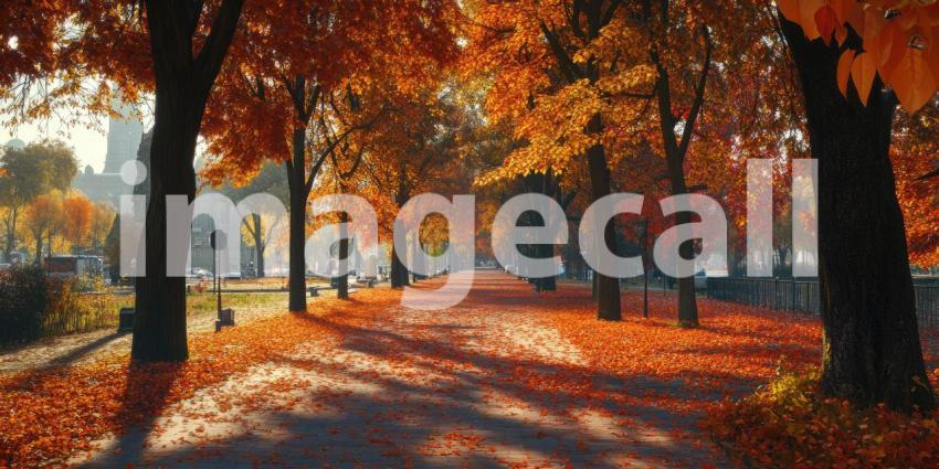 Autumnal Reverie: A path winds through a park bathed in golden sunlight, where fallen leaves create a carpet of color underfoot, and the city skyline peeks through the vibrant foliage.