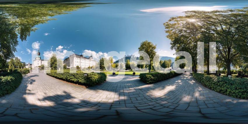 A panoramic vista unfolds, showcasing the city's charming architecture nestled amidst rolling hills, all under a sky painted with fluffy clouds.