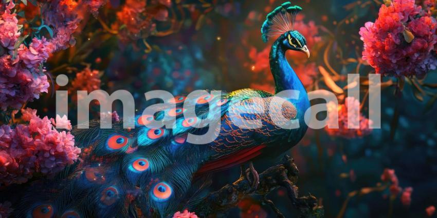 A peacock, resplendent in iridescent plumage, displays a breathtaking array of colors, creating a dazzling spectacle against a backdrop of vibrant lights.