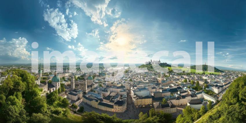 A panoramic vista unfolds, showcasing the city's charming architecture nestled amidst rolling hills, all under a sky painted with fluffy clouds.