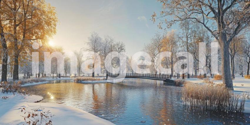 Winter's Embrace: A serene park, blanketed in snow, invites quiet contemplation beside a tranquil lake, where the air is crisp and the world feels hushed.