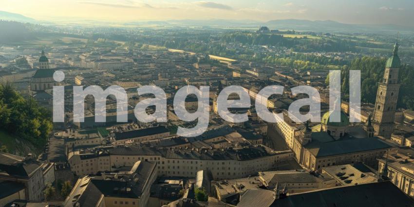 A panoramic vista unfolds, showcasing the city's charming architecture nestled amidst rolling hills, all under a sky painted with fluffy clouds.