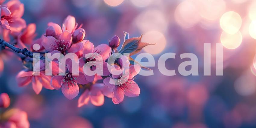 A Prelude to Spring: Delicate pink blossoms burst forth, heralding the arrival of warmer days, as the sun casts a warm glow on the budding branches.