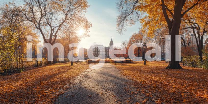 Autumnal Reverie: A path winds through a park bathed in golden sunlight, where fallen leaves create a carpet of color underfoot, and the city skyline peeks through the vibrant foliage.