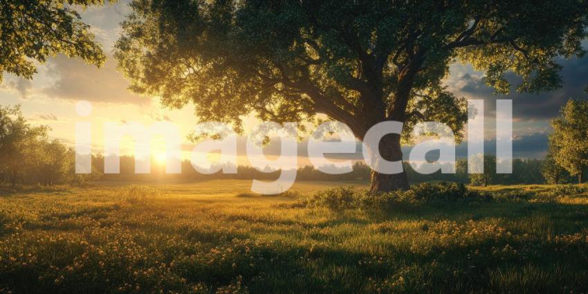 Golden Hour Serenity: A majestic oak tree stands sentinel in a sun-drenched meadow, casting long shadows as the sun dips below the horizon, painting the sky with vibrant hues.